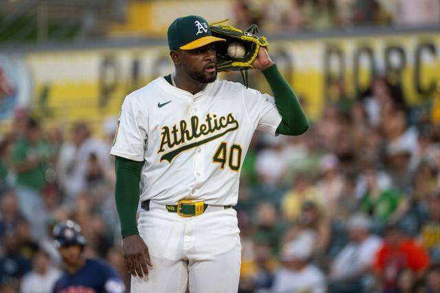 Athletics pitcher Luis Severino reacts after a pitch in the fourth inning during a game at Sutter Health Park in West Sacramento on June 18, 2025. 